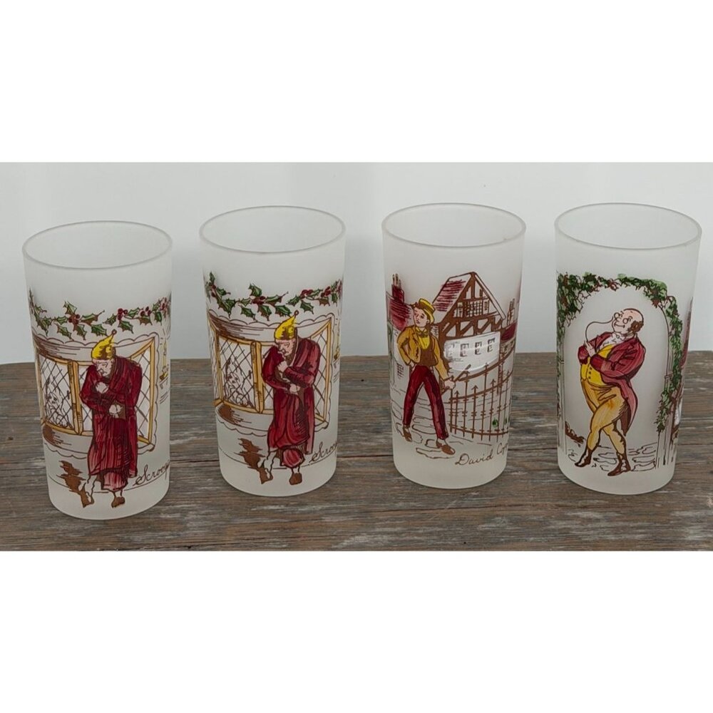 Hazel Atlas Charles Dickens Series Frosted Glass Tumbler Set of 4 Vintage 1950